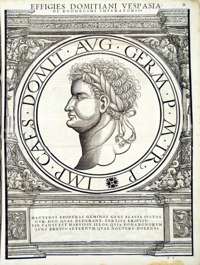 Domitianus, illustration de Imperatorum romanorum omnium orientalium et occidentalium verissimae imagines ex antiquis numismatis - Hans Rudolf Manuel Deutsch